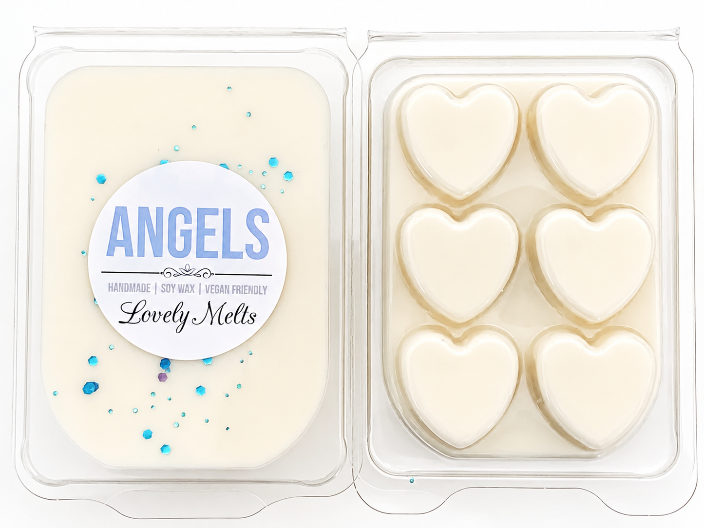 Packaged heart-shaped melts with 'ANGELS' branding on a white background