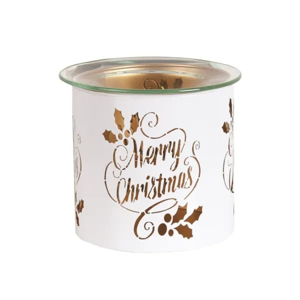 MERRY CHRISTMAS WHITE & GOLD Silhouette Tealight Wax Burner and Candle Holder