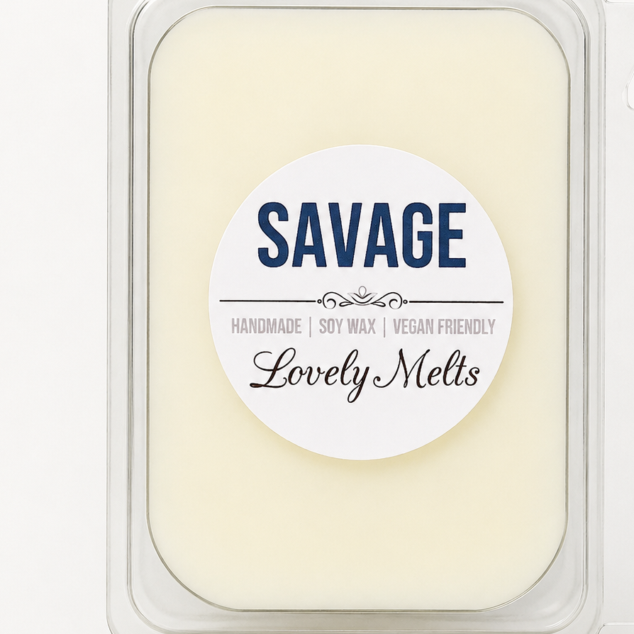 Scented wax melt in packaging with 'Savage' and 'Lovely Melts' branding.