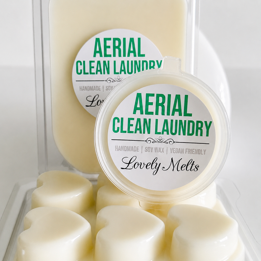 Aerial Clean Laundry wax melts with branded labels on a white background