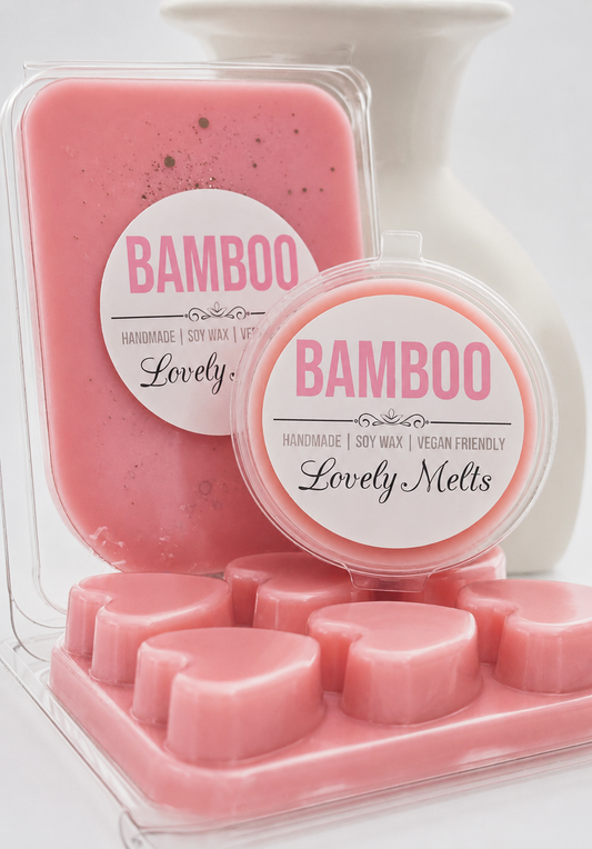Pink wax melts in a packaging with 'Bamboo Lovely Melts' label on a white background