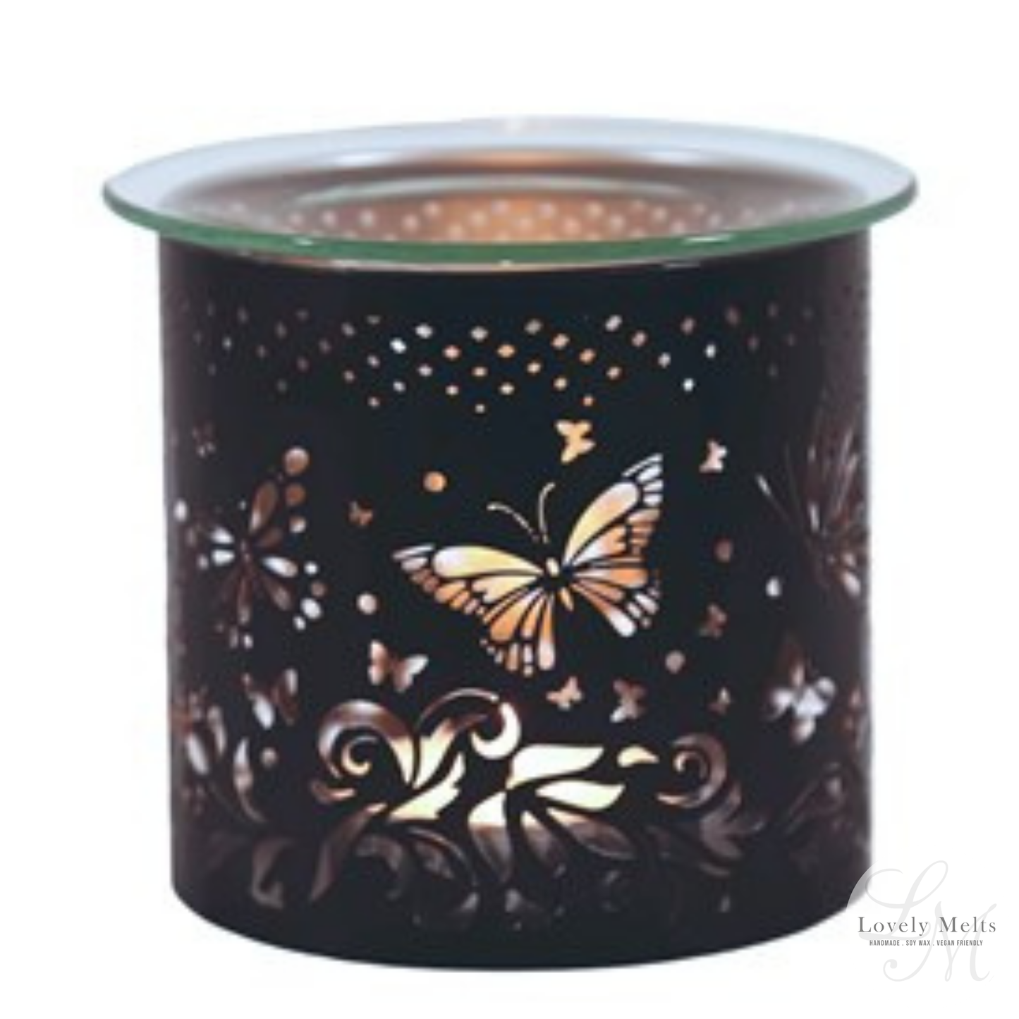 Black wax warmer with butterfly design on a white background