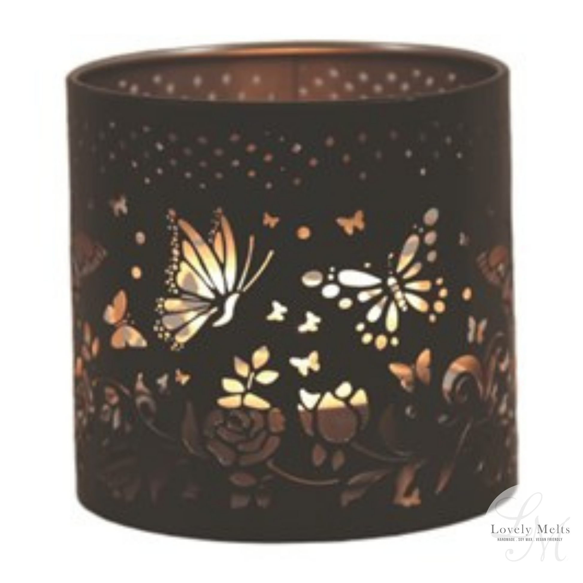 Decorative candle holder with butterfly and floral designs on a white background