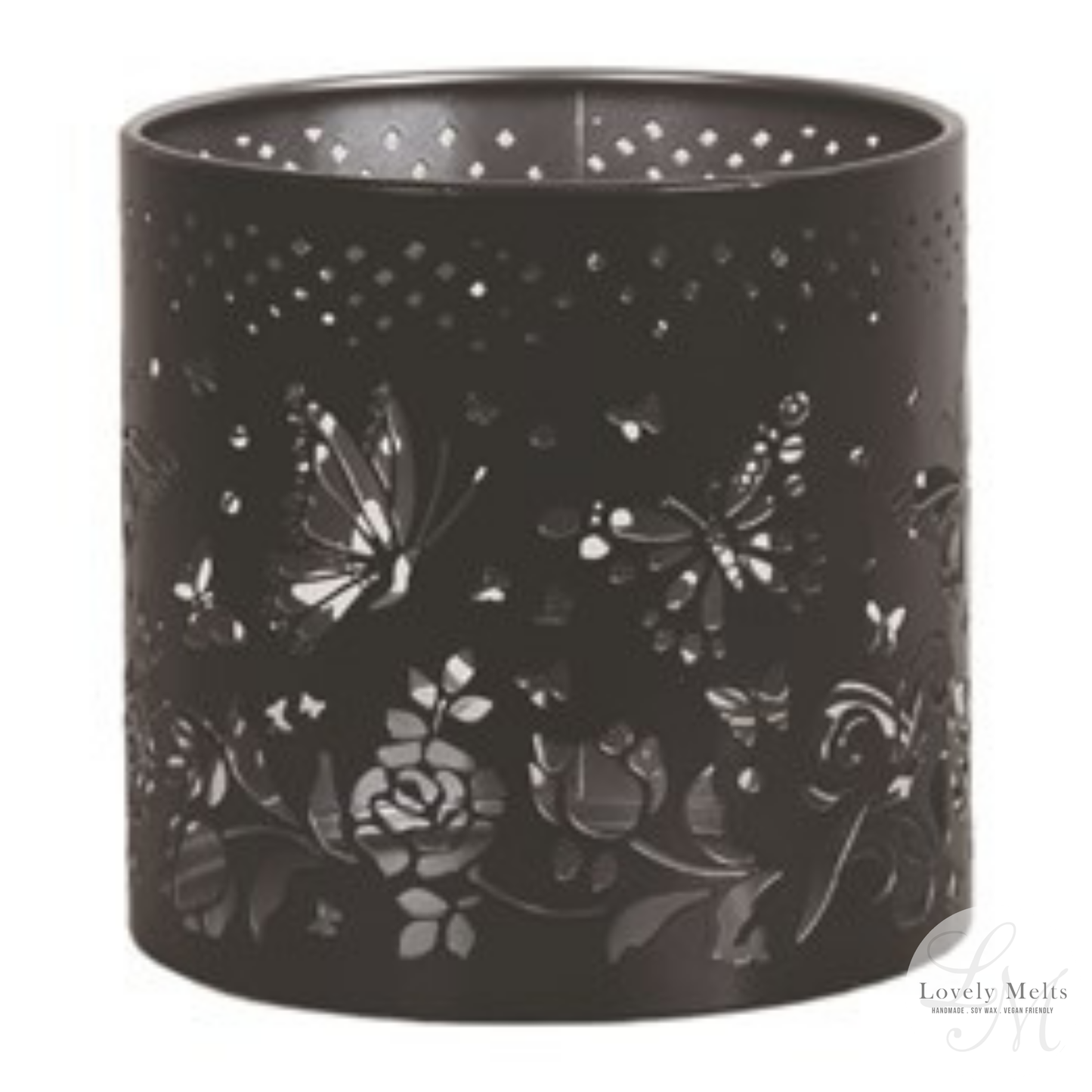 Black decorative container with butterfly and floral patterns on a white background