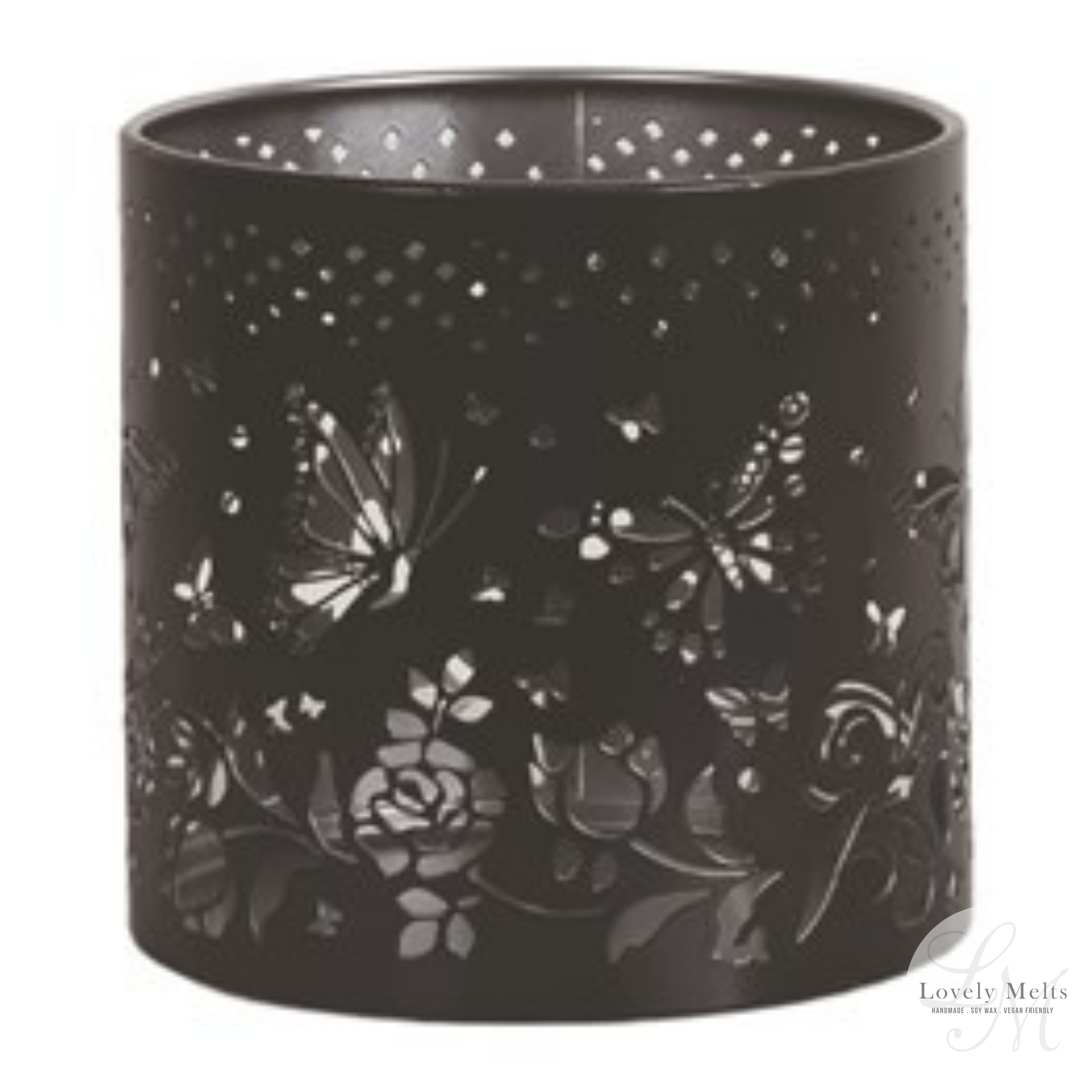 Black decorative container with butterfly and floral patterns on a white background