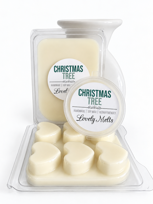 soy wax melts featuring a rectangular wax melt container, a round wax melt lid, and a heart-shaped wax melt tray, all in clear plastic packaging with white labels reading 'CHRISTMAS TREE' and 'Lovely Melts'.