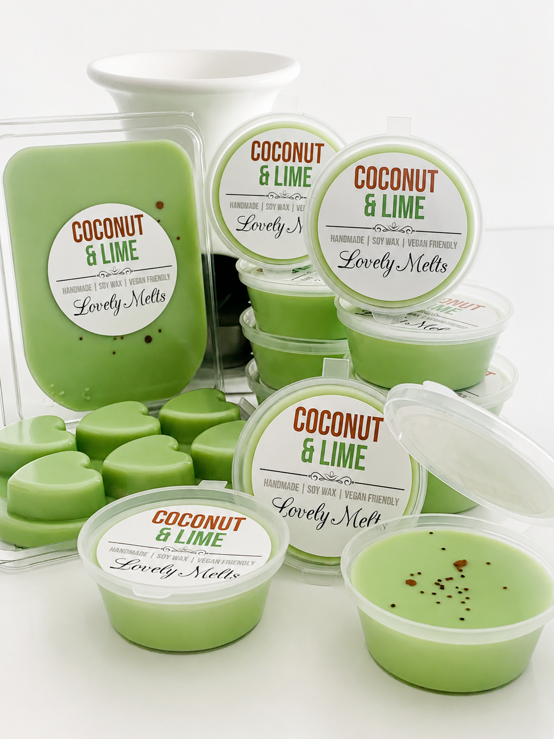 Green coconut and lime-themed WAX MELTS with visible branding on a white background