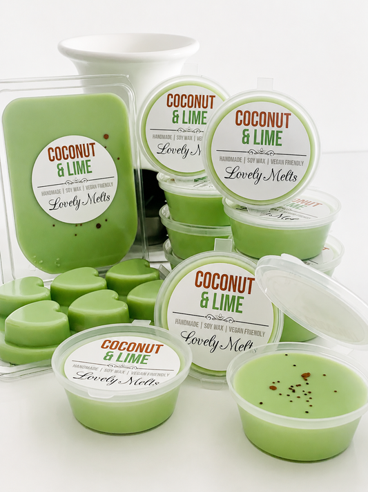 Green coconut and lime-themed WAX MELTS with visible branding on a white background