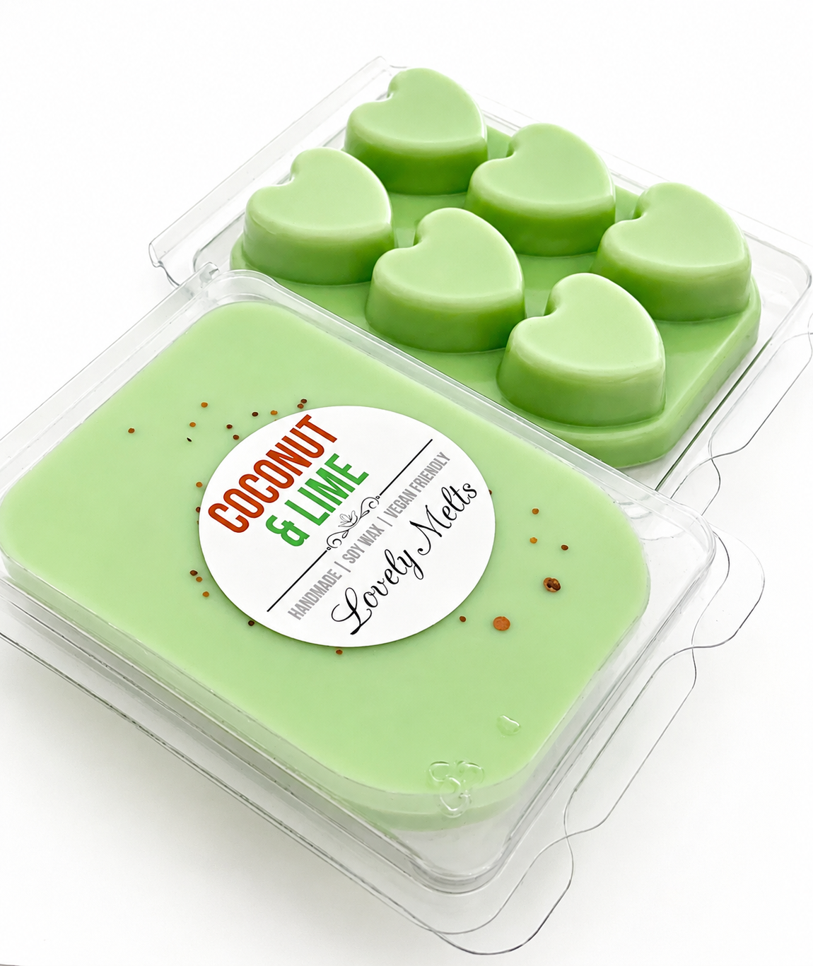 Pack of green coconut and lime heart-shaped wax melts with a label on a white background