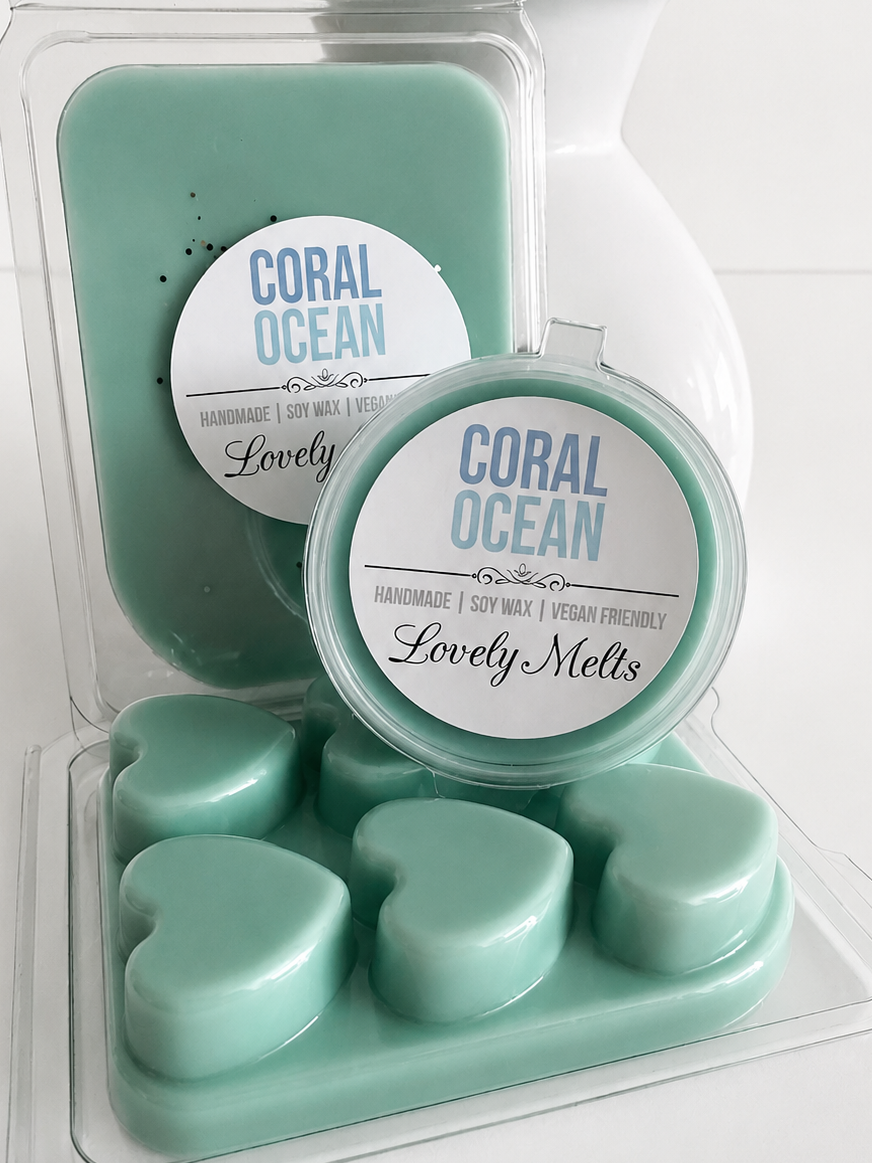 Coral Ocean soy wax melts in Lovely Melts packaging