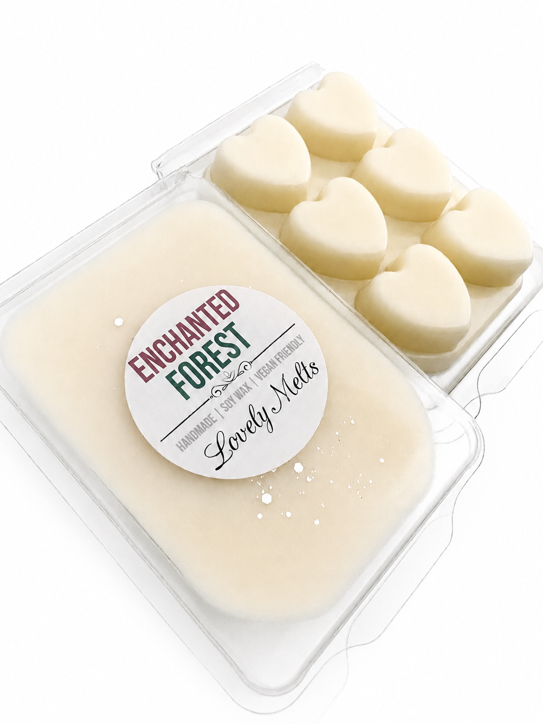 Lovely Melts Wax Melt Bar in a heart clamshell with another next to it showing the heart shaped wax back of the product