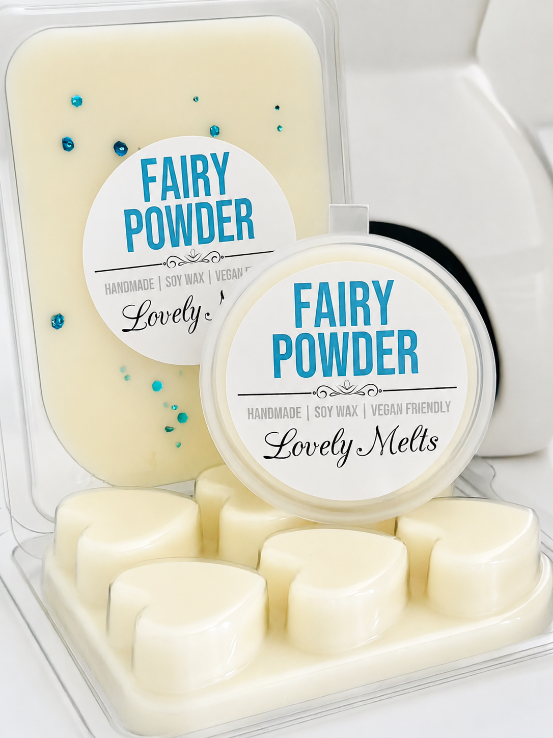 Fairy Powder wax melts packaging with 'Lovely Melts' branding on a white background
