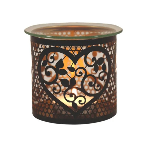 Decorative WAX BURNER AND candle holder with heart design on a white background