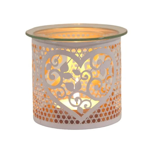 HEART WHITE & GOLD Silhouette Tealight Wax Burner and Candle Holder