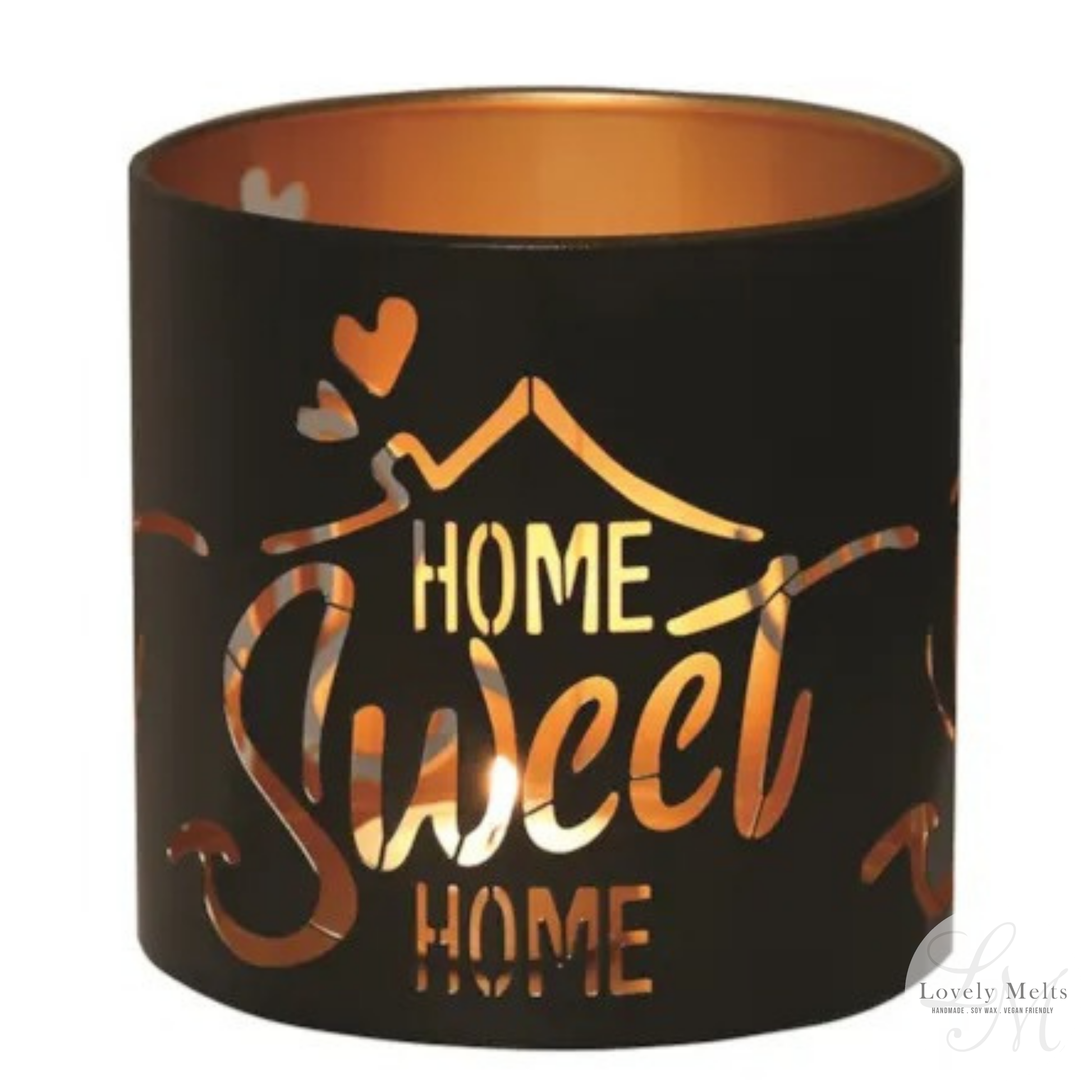 Black container with 'Home Sweet Home' text and heart design on a white background