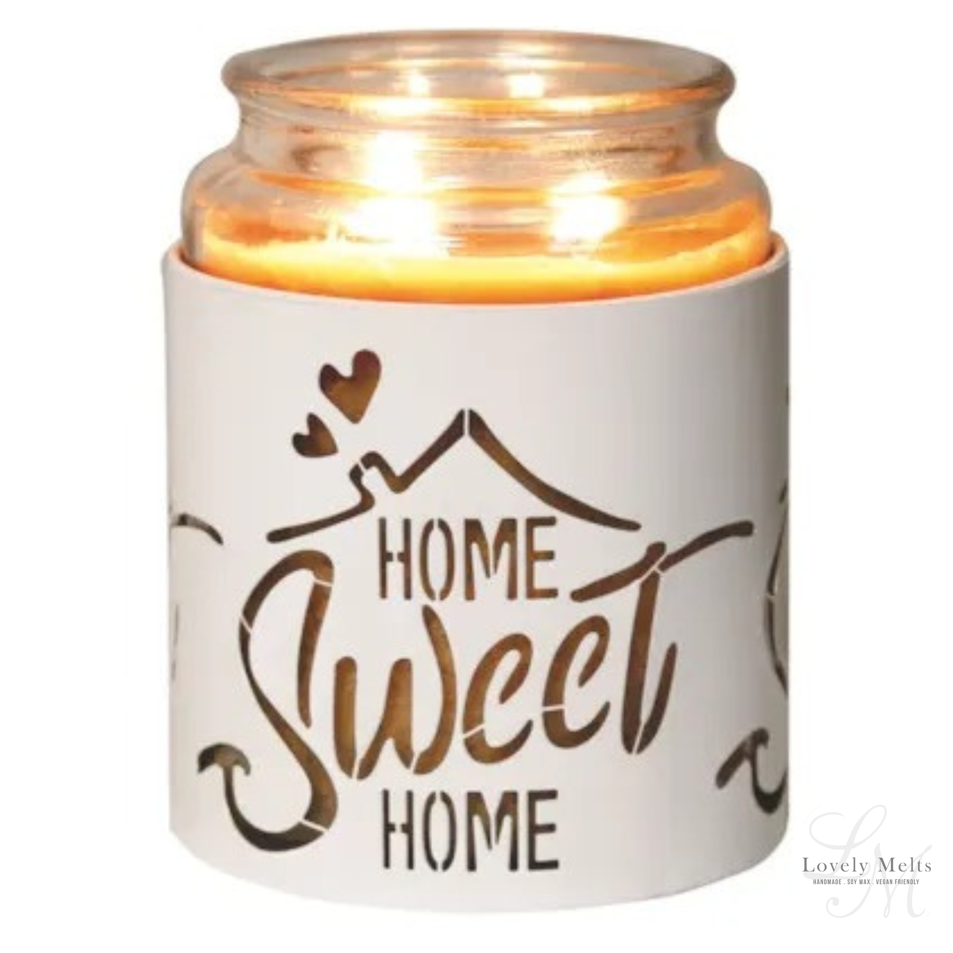 Candle in a jar with 'Home Sweet Home' text on a white background