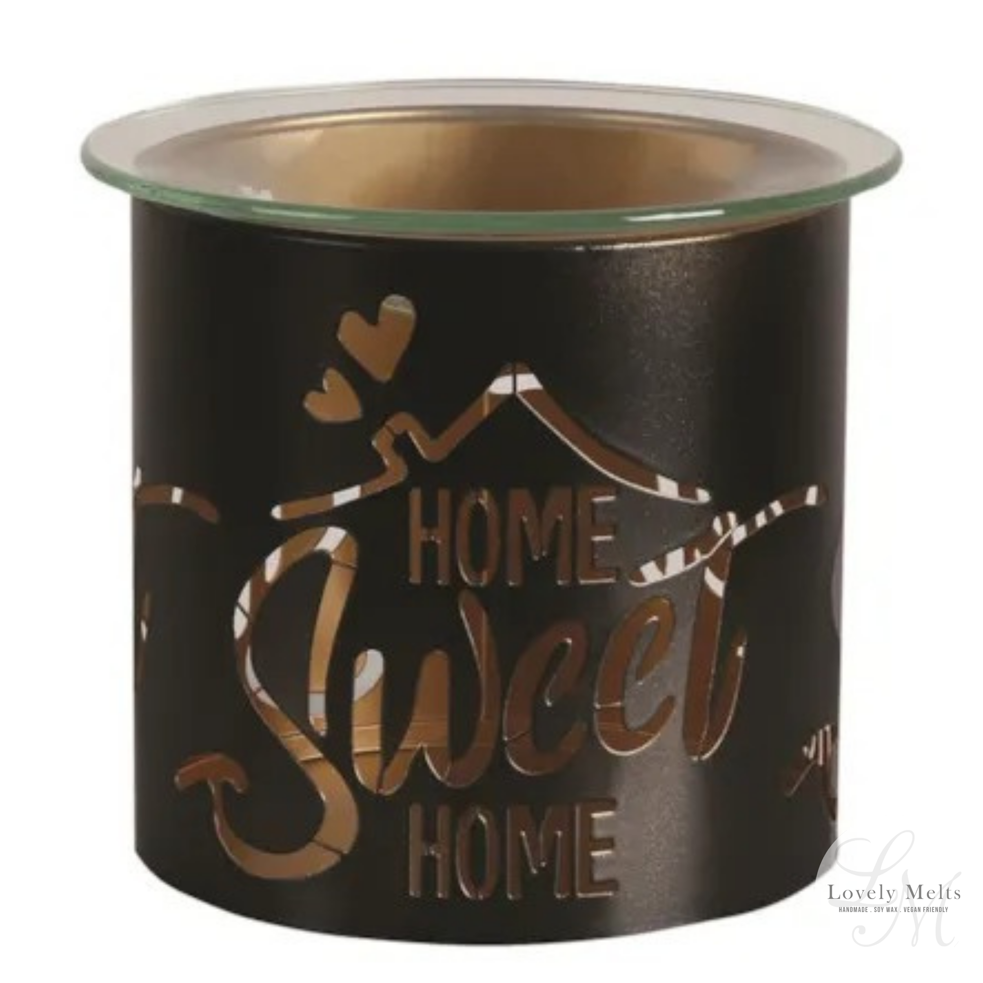 Decorative wax warmer with 'Home Sweet Home' text on a white background
