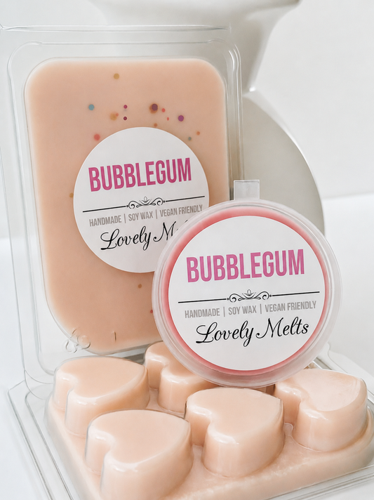 Bubblegum-scented wax melts in packaging with 'Lovely Melts' branding.