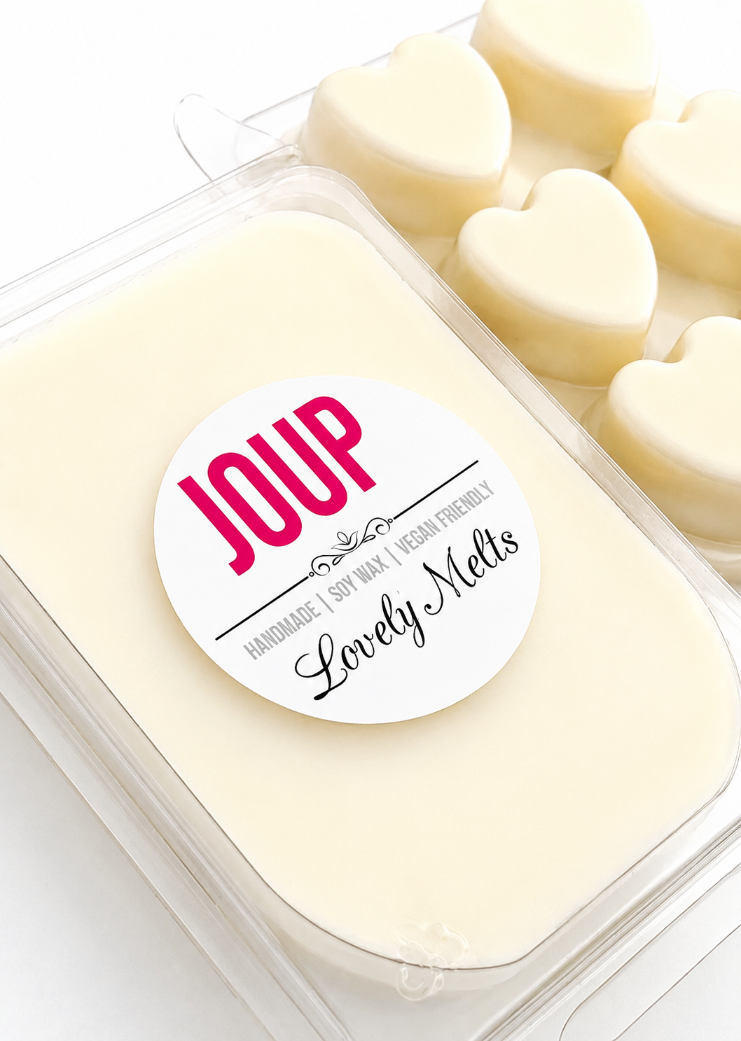 Packaged wax melts with a 'JOUP' label on a white background