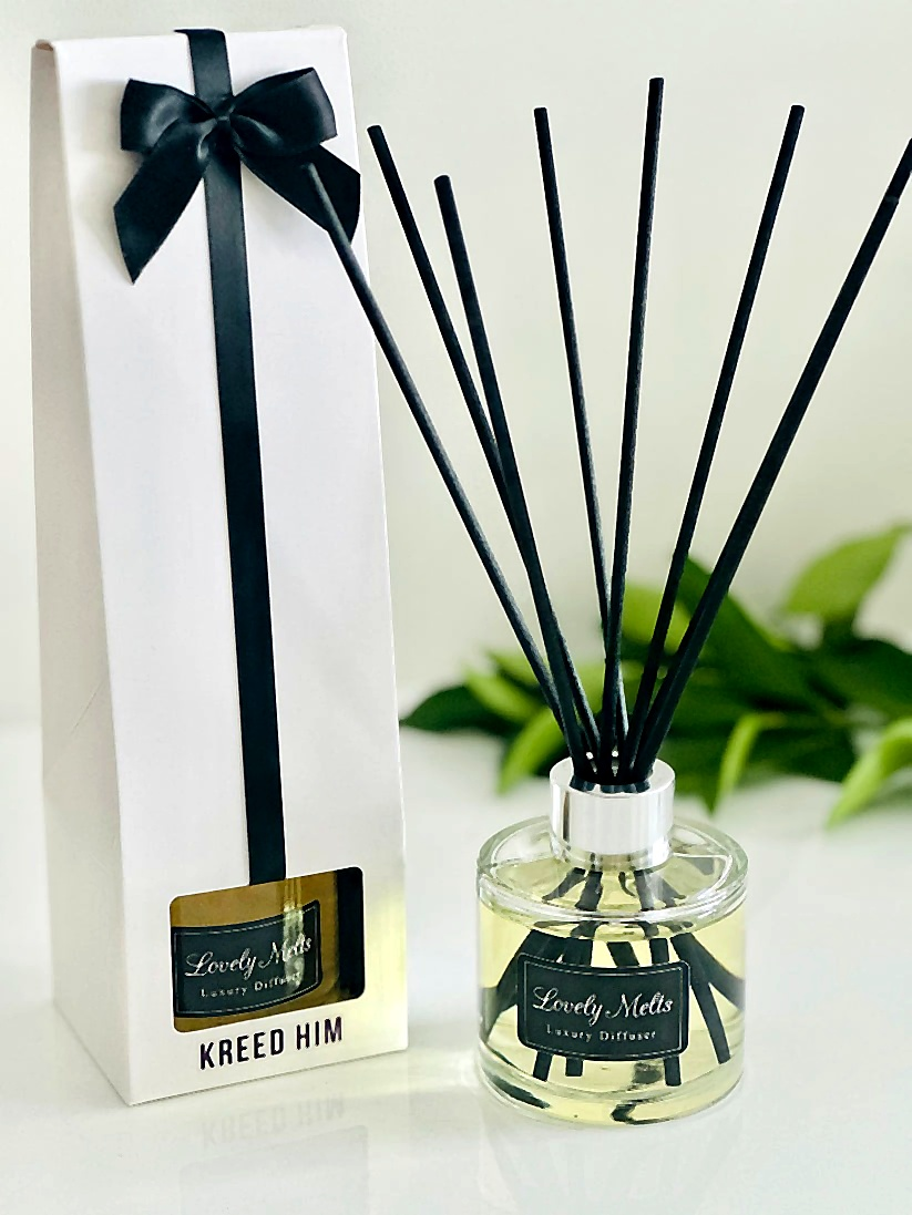 Diffuser with black reeds and packaging on a white background