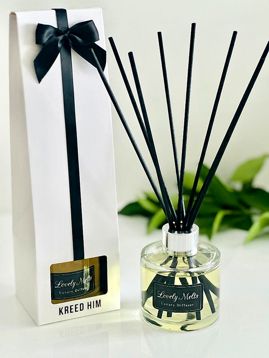 Diffuser with black reeds and packaging on a white background