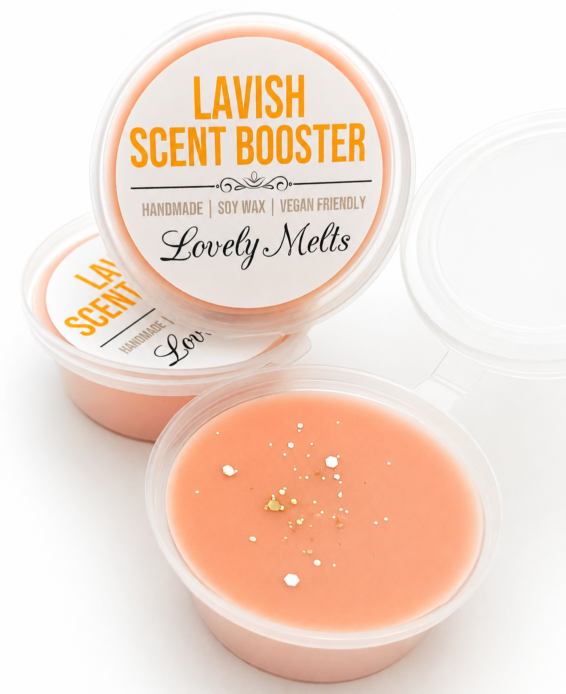 Lavish Scent Booster container with a wax melt on a white background
