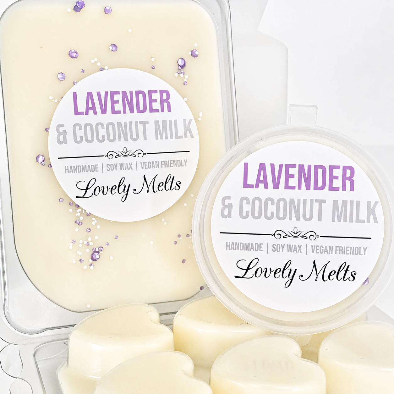 Lavender and coconut milk scented WAX MELTS with 'Lovely Melts' label.