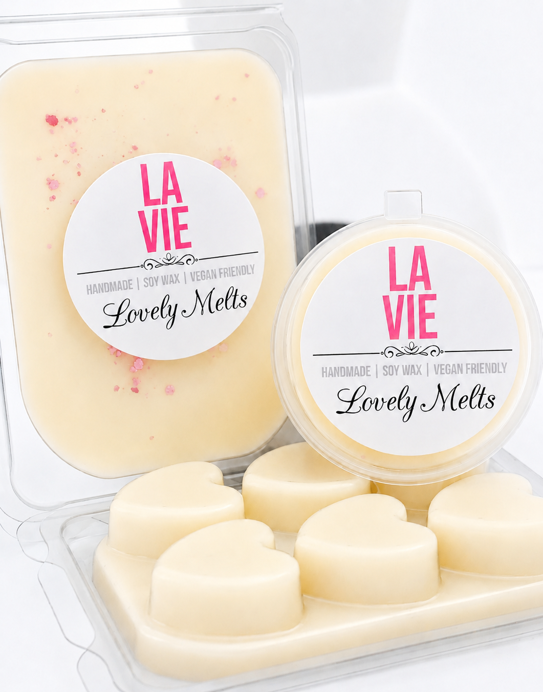 Packaged wax melts with 'La Vie' branding on a white background
