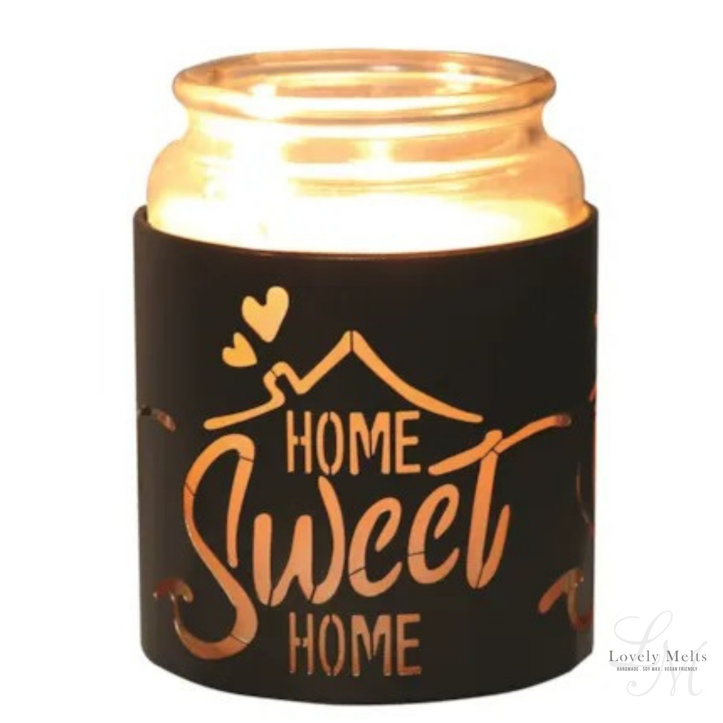 Jar with a black sleeve featuring 'Home Sweet Home' text and a heart design, emitting a warm glow.
