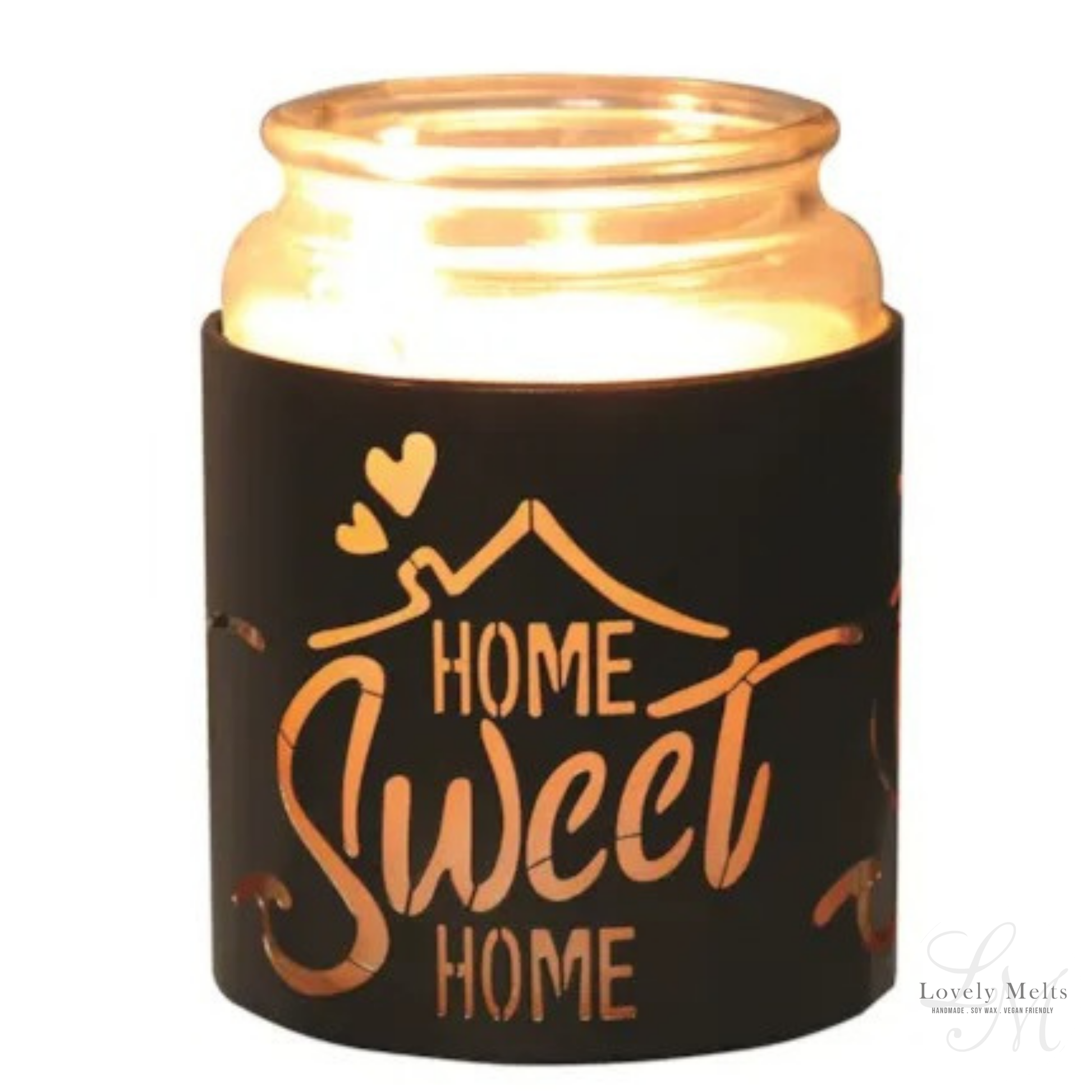 Jar with a black sleeve featuring 'Home Sweet Home' text and a heart design, emitting a warm glow.