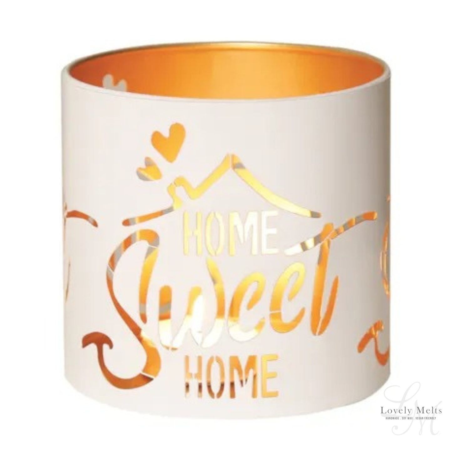 Candle with 'Home Sweet Home' text in gold on a white background