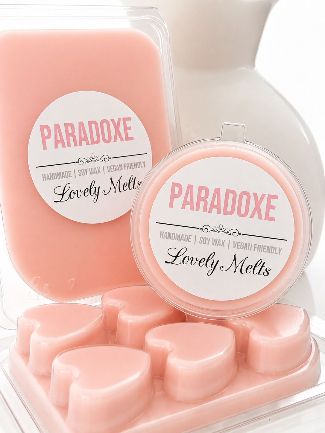 Paradoxe Lovely Melts wax melts packaging with heart-shaped wax melts.
