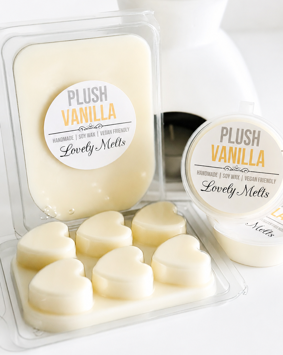 Plush Vanilla Lovely Melts Wax Melts packaging on a white background