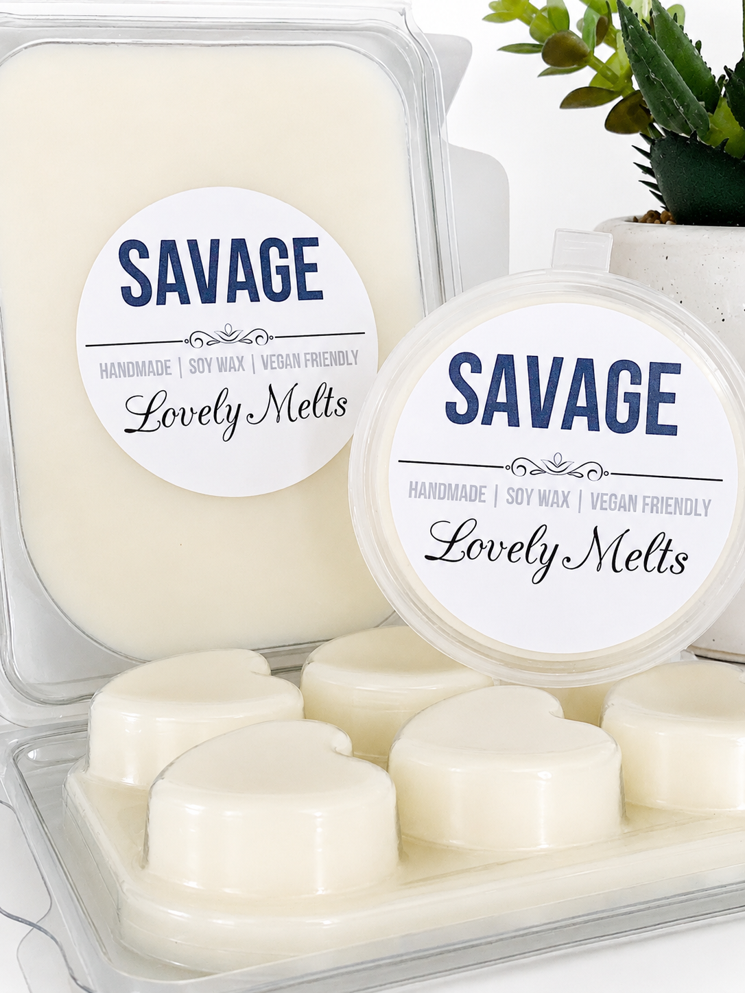 Packaged 'Savage' soy wax melts with a plant in the background