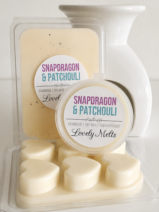 Packaged wax melts with 'Snapdragon & Patchouli' scent on a white background 