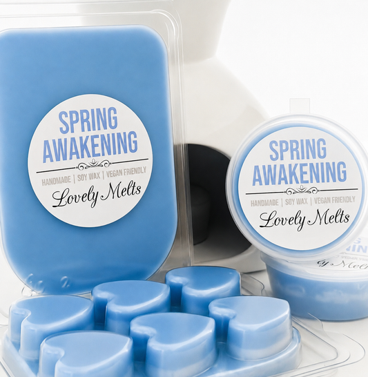 Blue wax melts in a container with 'Spring Awakening' branding on a white background
