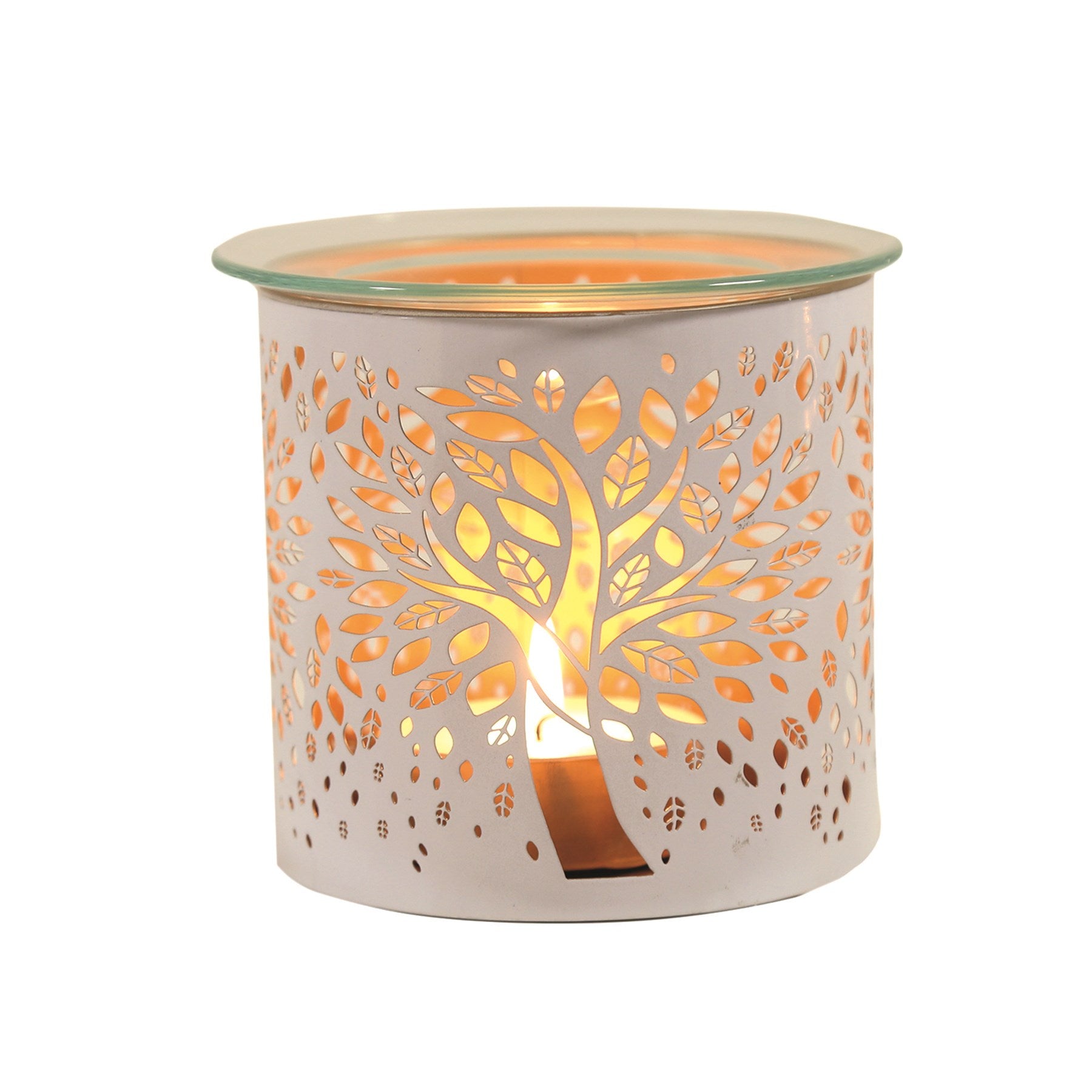 A white tealight wax burner and candle holder with a tree of life silhouette design.