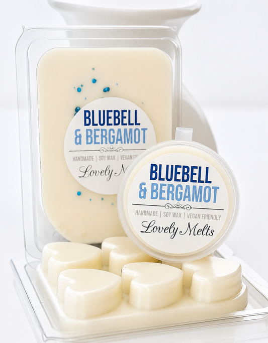 Packaged wax melts with 'Bluebell & Bergamot' label on a white background