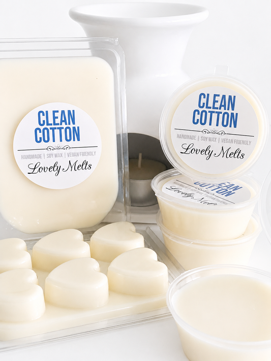 Clean Cotton scented wax melts with packaging on a white background