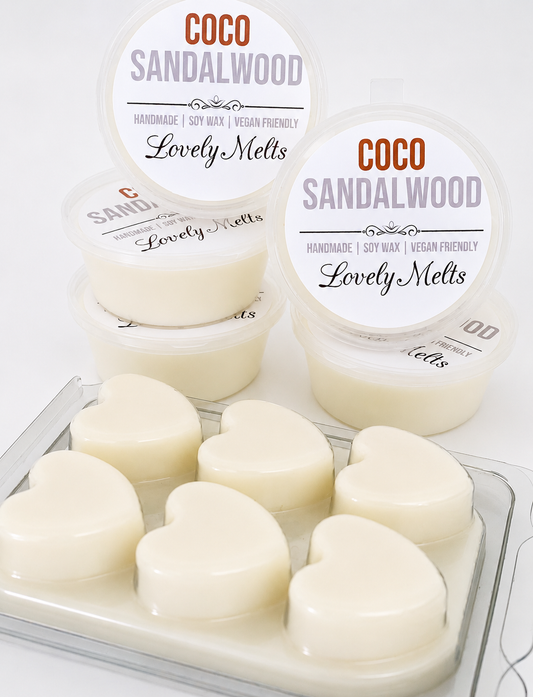 Heart-shaped Coco Sandalwood wax melts in a clear container with 'Lovely Melts' branding.