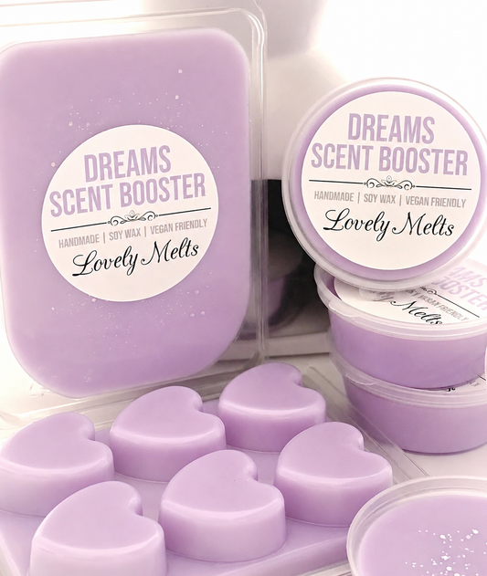 Purple scented wax melts with 'Dreams Scent Booster' packaging on a white background