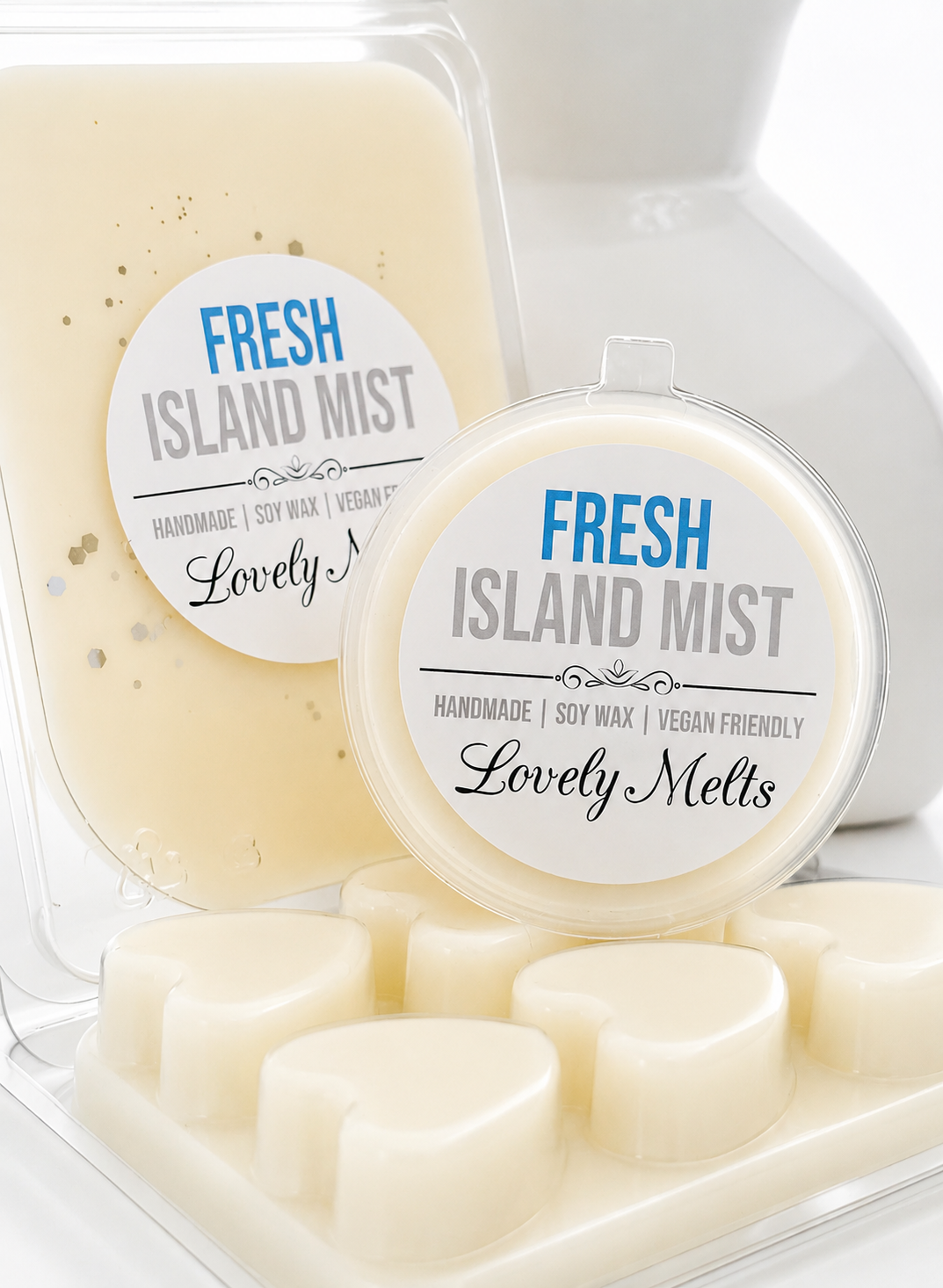Packaged SOY WAX MELTS with 'Fresh Island Mist' branding on a white background