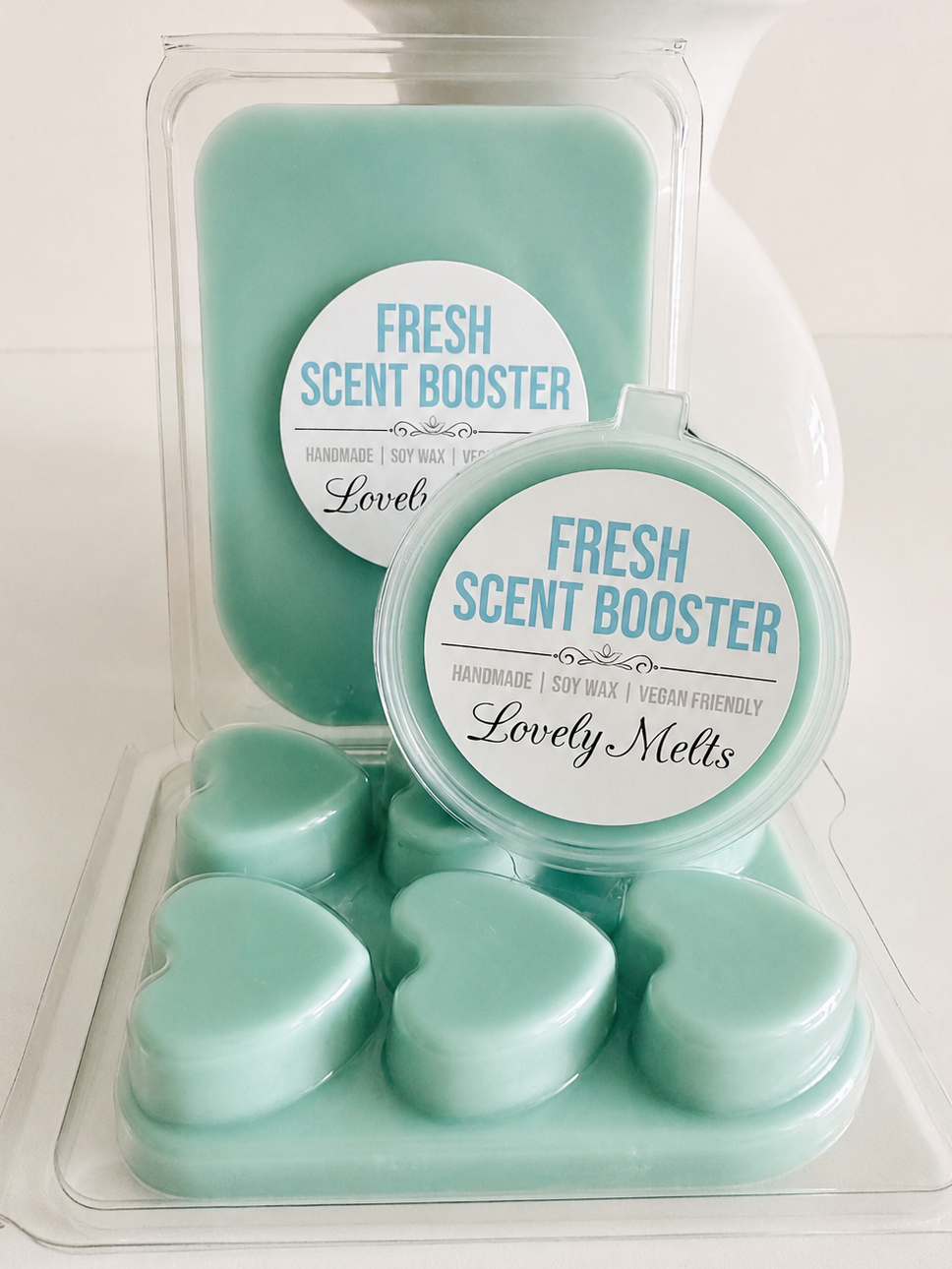 Pack of heart-shaped fresh scent booster wax melts by Lovely Melts on a white background