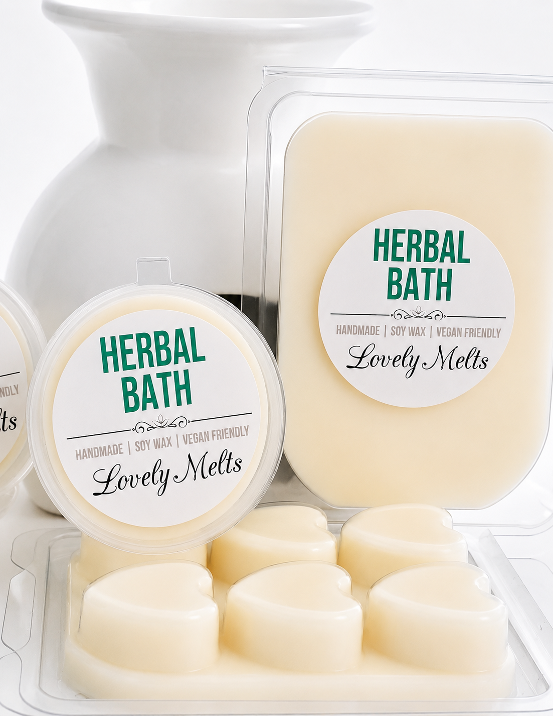 Herbal Bath Lovely Wax Melts packaging with white container and clear packaging showing product.
