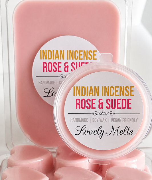 Pink wax melts with 'Indian Incense Rose & Suede' label on a white background