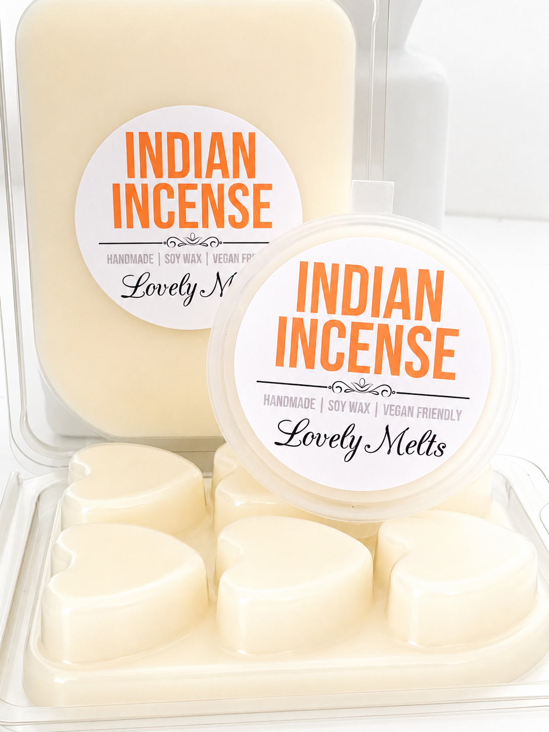 Pack of 'Indian Incense' wax melts by Lovely Melts with a clear packaging.