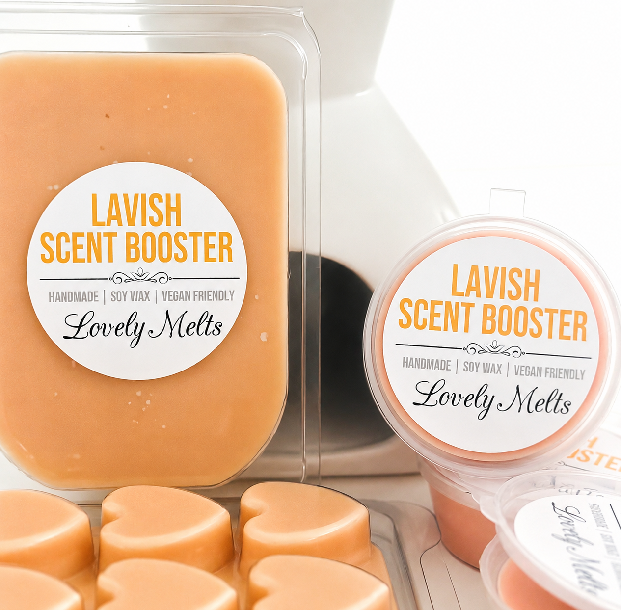 Lavish Scent Booster wax melts packaging by Lovely Melts with heart-shaped wax melts.