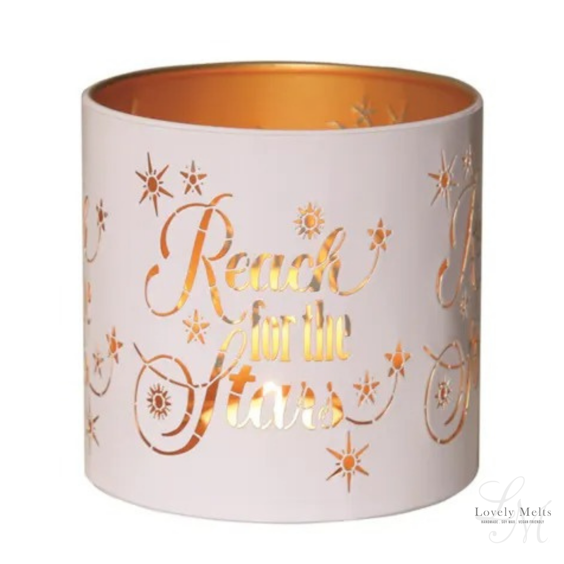 Decorative candle holder with gold text and patterns on a white background