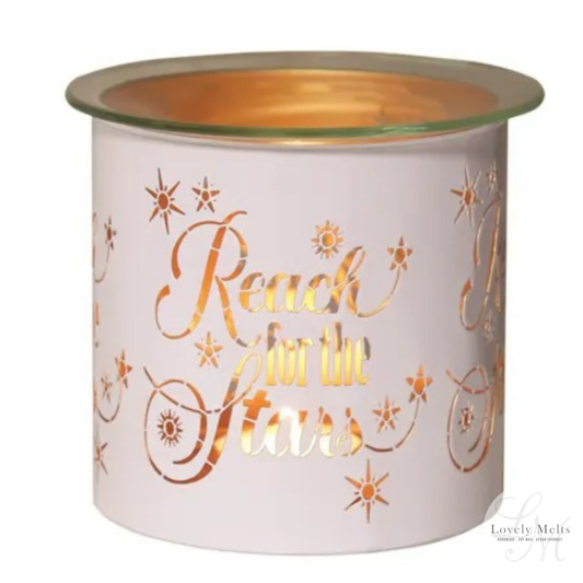White container with gold text 'Reach for the Stars' and decorative elements on a white background.