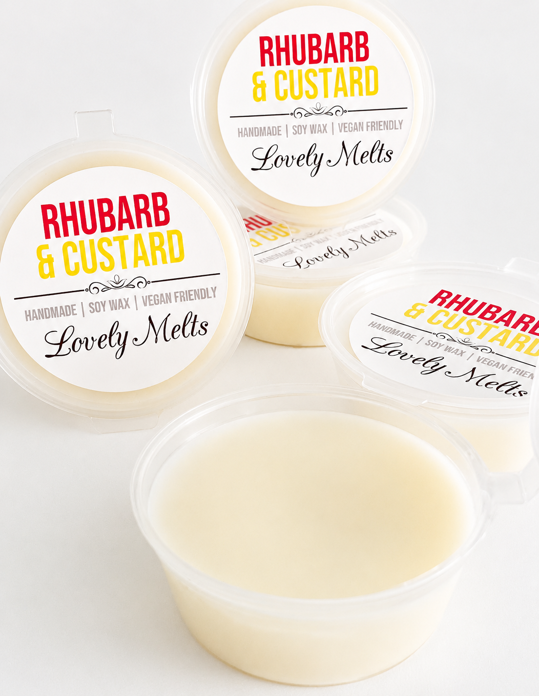 Rhubarb & Custard Lovely Melts wax melts pots on a white background
